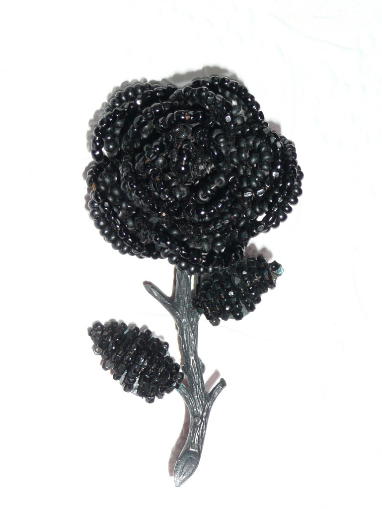 Vintage Wired Beaded Black Rose Brooch Vintage Wired Beaded Black Rose Brooch