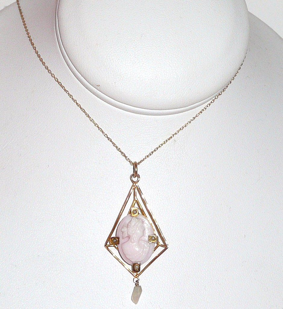 Lovely Antique Cameo Pendant Lavaliere Pink Shell and Seed Pearls Lovely Antique Cameo Pendant Lavaliere Pink Shell and Seed Pearls