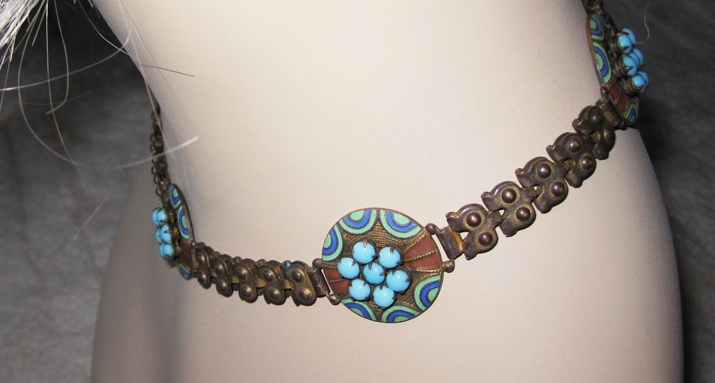 Art Deco Enamel Brass GlassChoker Necklace Art Deco Enamel Brass GlassChoker Necklace