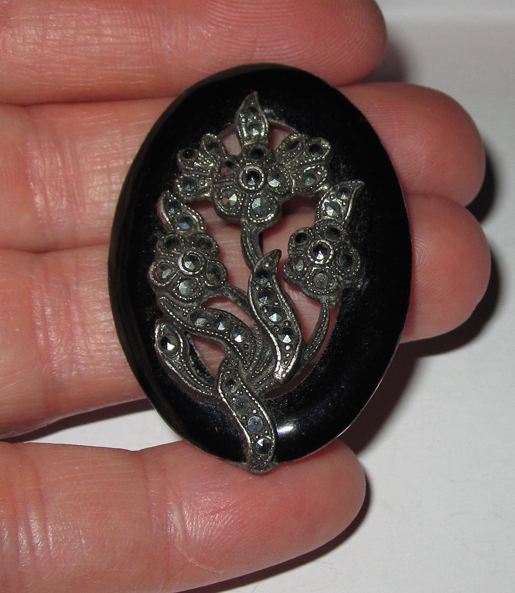 Sterling Enamel Black Marcasite Pin Sterling Enamel Black Marcasite Pin
