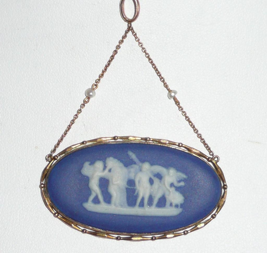 Victorian 10 Karat Gold Wedgwood Pendant Necklace Blue Victorian 10 Karat Gold Wedgwood Pendant Necklace Blue