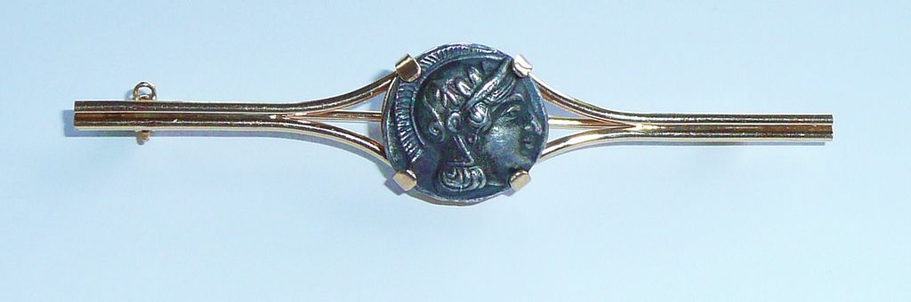 Vintage 14K Gold Greek Coin Bar Pin Vintage 14K Gold Greek Coin Bar Pin