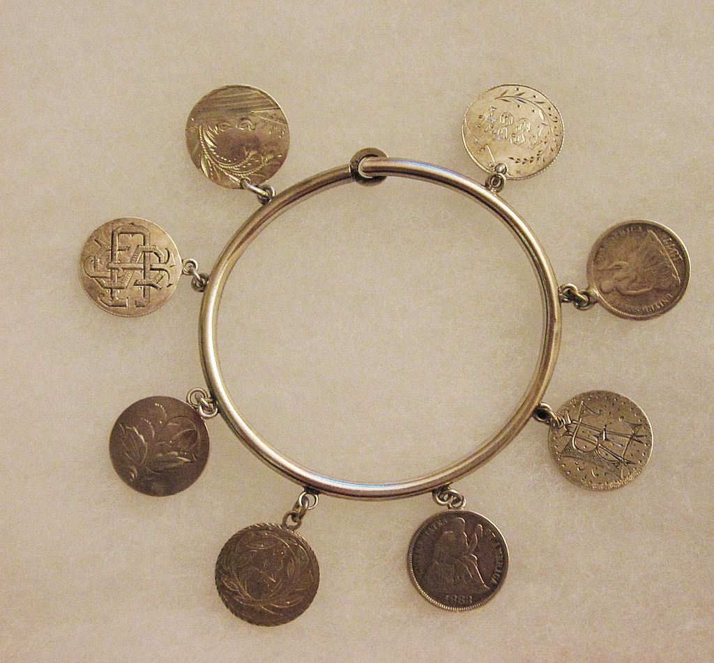 Victorian Love Token Bangle Bracelet 8 Tokens Pictorials Victorian Love Token Bangle Bracelet 8 Tokens Pictorials