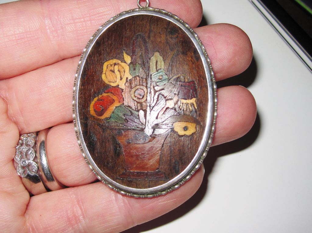 Vintage Marquetry Pendant Flower Basket Sterling Frame Vintage Marquetry Pendant Flower Basket Sterling Frame