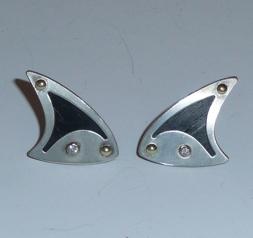 Modern Silver and Wood Earrings Diamonds Biomorphic Modern Silver and Wood Earrings Diamonds Biomorphic