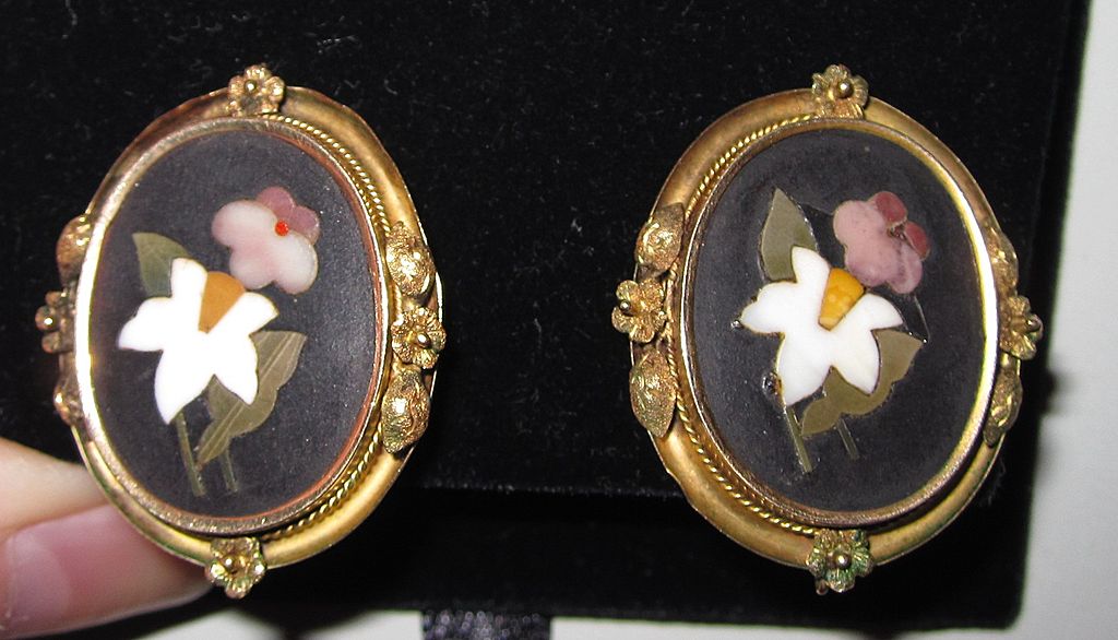 Victorian Pietra Dura Large Brooch and Earrings Victorian Pietra Dura Large Brooch and Earrings