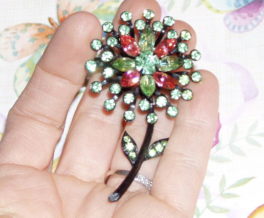 Lovely Vintage Green and Pink Rhinestone Flower Pin Lovely Vintage Green and Pink Rhinestone Flower Pin