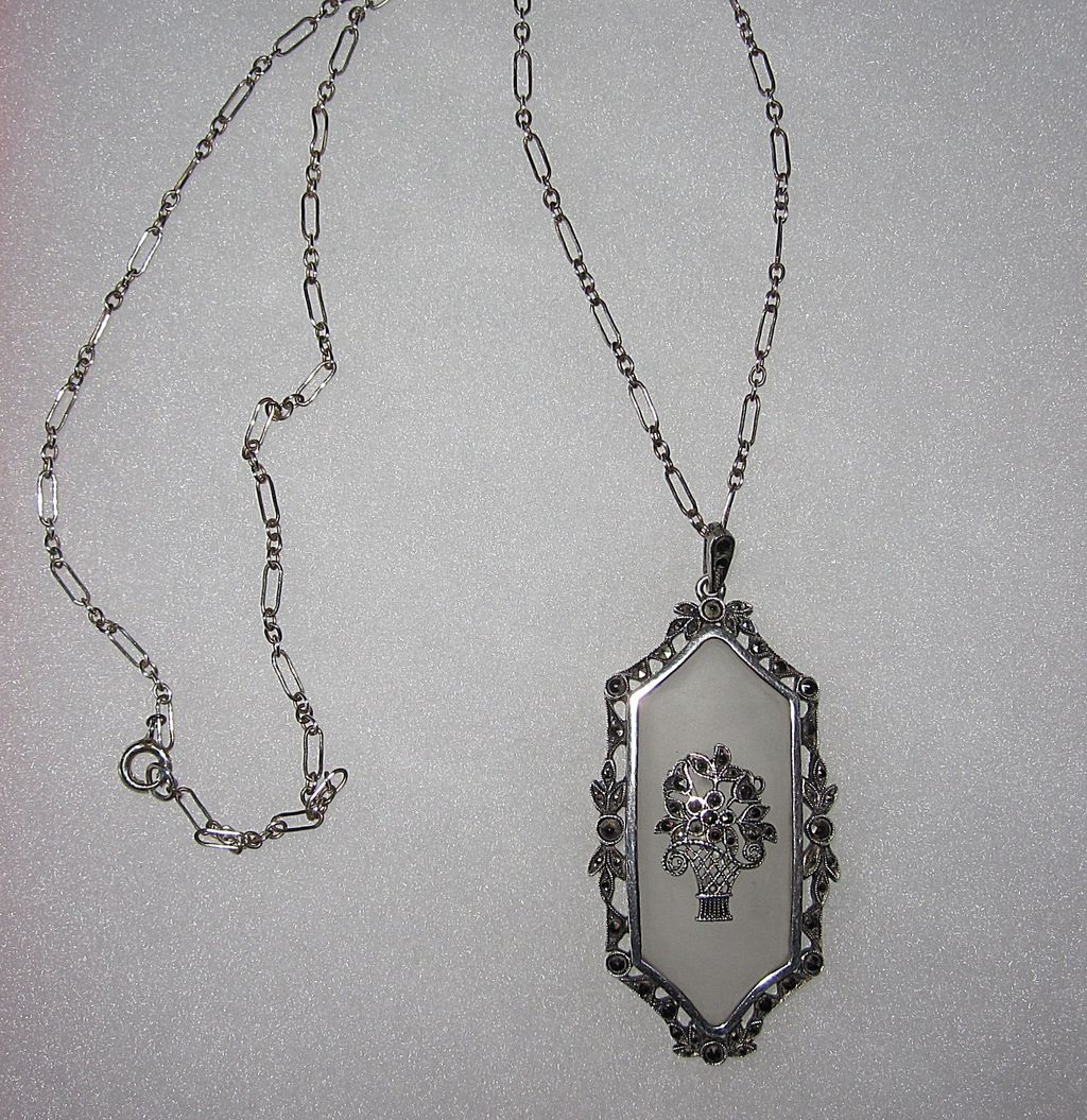 Art Deco Rock Crystal Sterling Pendant Basket Motif Art Deco Rock Crystal Sterling Pendant Basket Motif