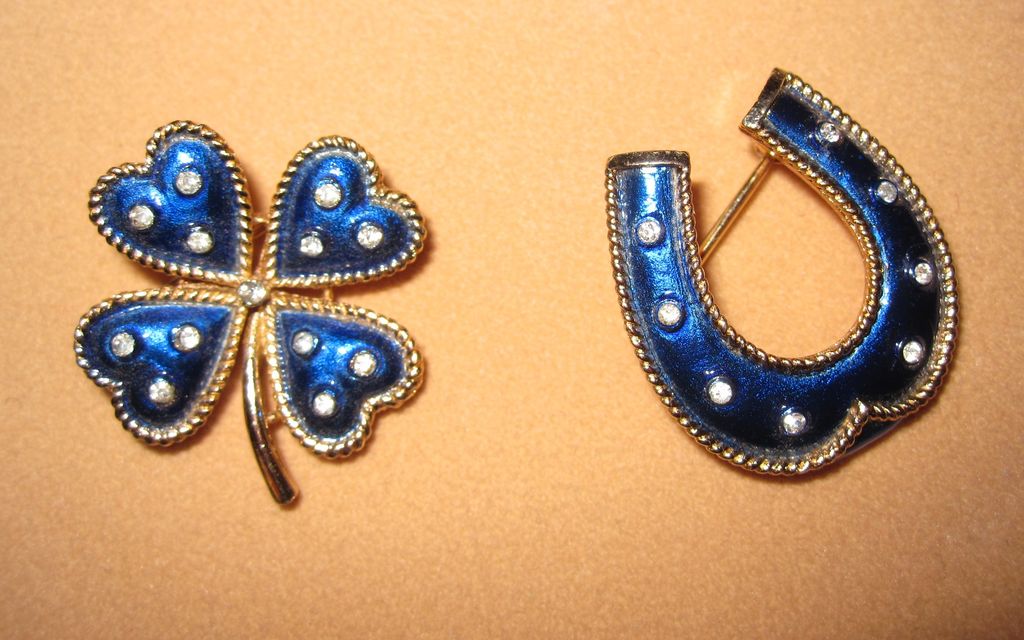 Vintage Trifari Four Leaf Clover and Horseshoe Pins Blue Vintage Trifari Four Leaf Clover and Horseshoe Pins Blue