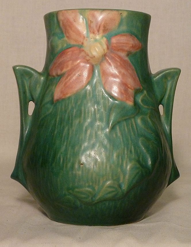 Roseville Pottery - Green Bulbous Vase - Clematis - 108-6 Roseville Pottery - Green Bulbous Vase - Clematis - 108-6