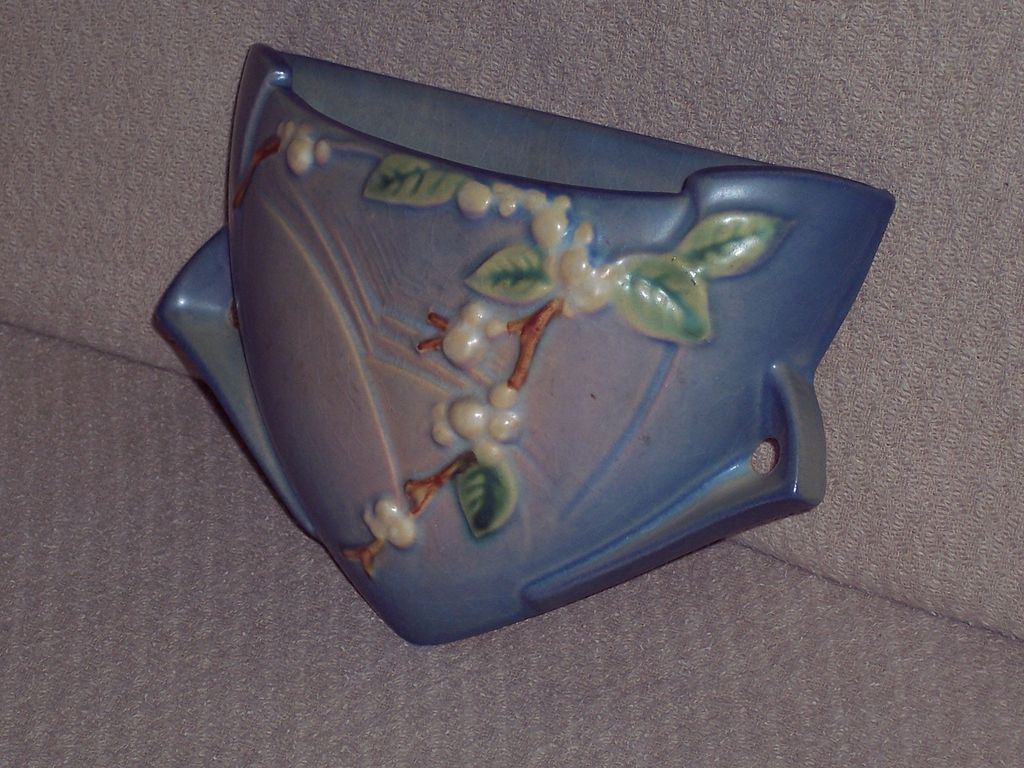 Roseville Pottery - Blue Snowberry Wall Pocket #1WP-8 Roseville Pottery - Blue Snowberry Wall Pocket #1WP-8