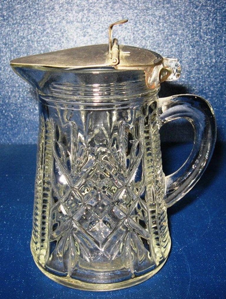 Pressed Pattern Glass Syrup Dispenser Flip Top Metal Lid Pressed Pattern Glass Syrup Dispenser Flip Top Metal Lid
