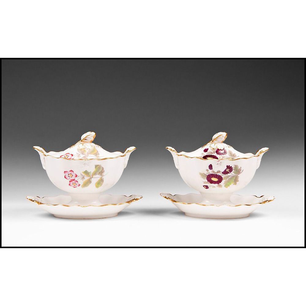 Pair of English Ridgway 19th C. Sauce Tureens With Fixed Stands & Covers Pair of English Ridgway 19th C. Sauce Tureens With Fixed Stands & Covers