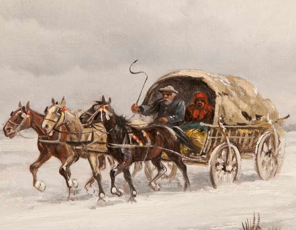 19th C. Oil On Canvas of Russian Winter Landscape With Kibitka 19th C. Oil On Canvas of Russian Winter Landscape With Kibitka