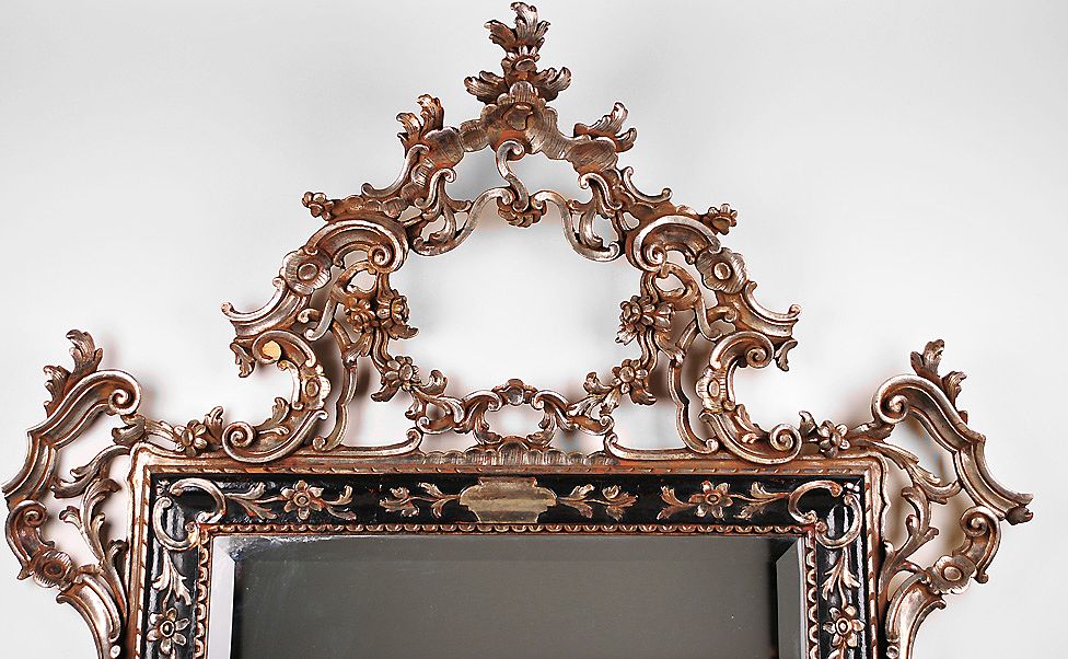 Italian Hand Carved Silver Leaf Mirror With Ebony Highlights Italian Hand Carved Silver Leaf Mirror With Ebony Highlights