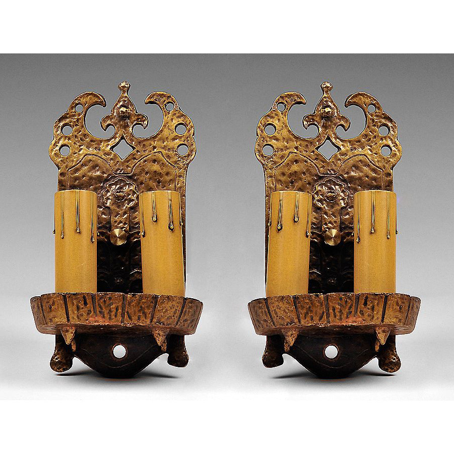 Pair of Hammered Copper Arts & Crafts 2-Light Wall Sconces Pair of Hammered Copper Arts & Crafts 2-Light Wall Sconces