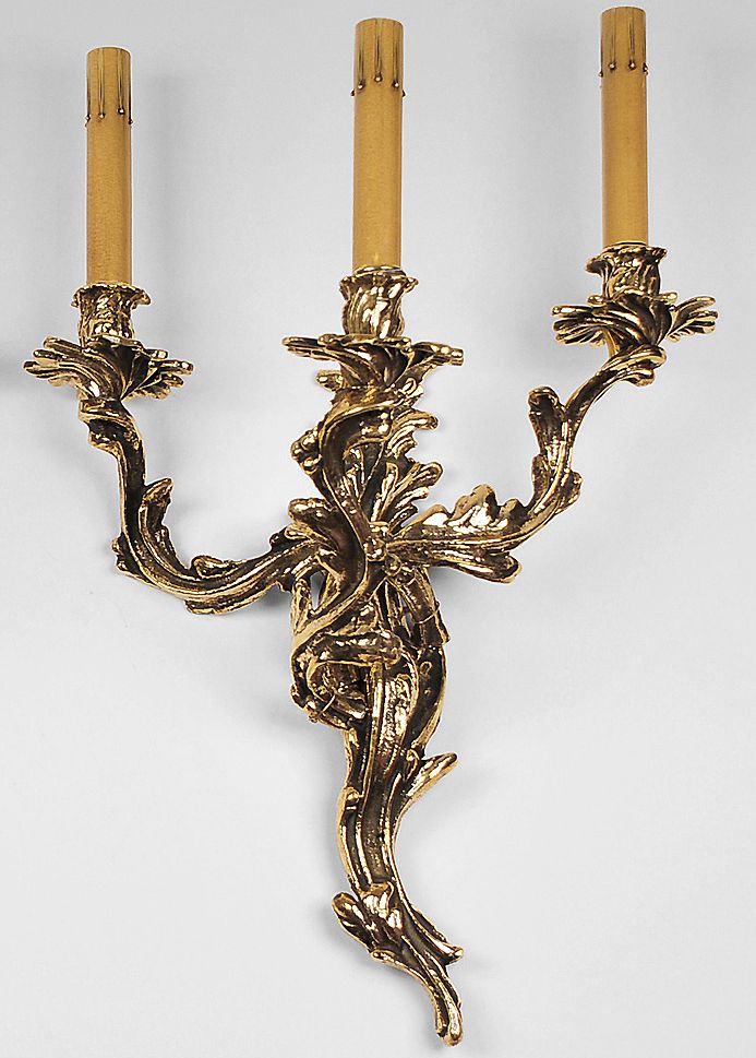 Pr. Of Louis XV Style Cast Brass 3-Light Sconces Pr. Of Louis XV Style Cast Brass 3-Light Sconces