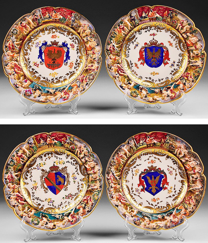 Set of 12 Capodimonte German Porcelain Bas Relief Dinner Plates Set of 12 Capodimonte German Porcelain Bas Relief Dinner Plates