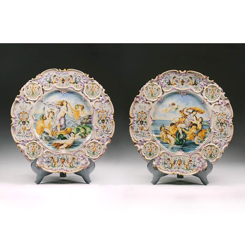 Pr. Vintage Hand Painted Majolica Wall Chargers Pr. Vintage Hand Painted Majolica Wall Chargers