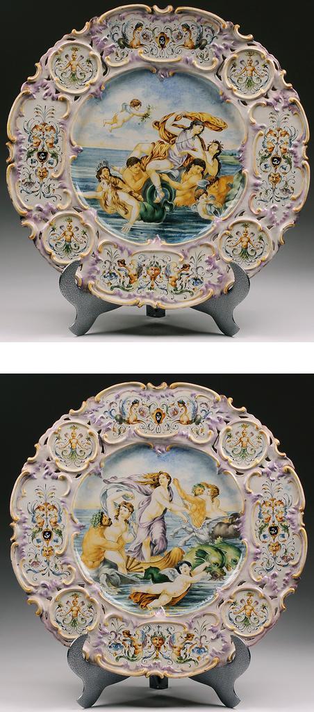 Pr. Vintage Hand Painted Majolica Wall Chargers Pr. Vintage Hand Painted Majolica Wall Chargers