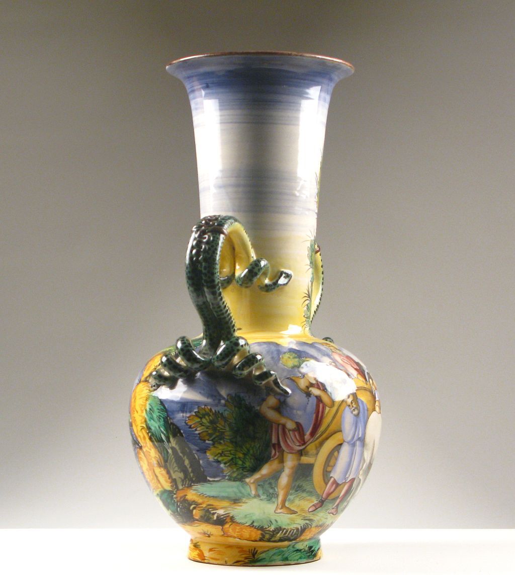 Tin Glazed Hand Painted Italian Majolica Snake Handle Vase Tin Glazed Hand Painted Italian Majolica Snake Handle Vase
