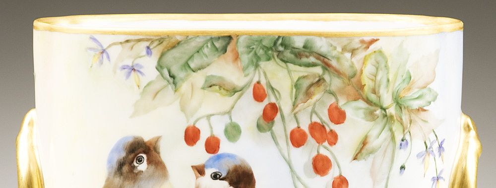 Hand Painted Limoges Cache Pot Vase With Birds Hand Painted Limoges Cache Pot Vase With Birds