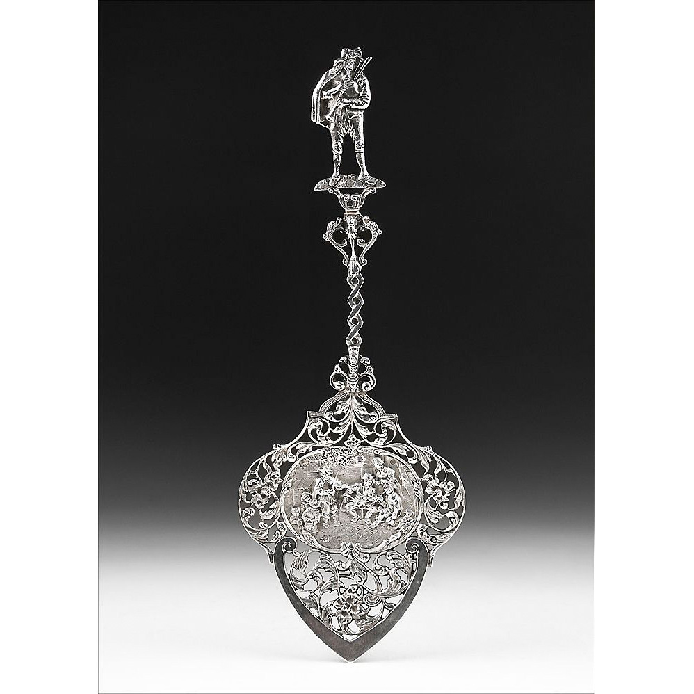 1928 Ornate Dutch Pierced Engraved Silver Serving Spoon 1928 Ornate Dutch Pierced Engraved Silver Serving Spoon
