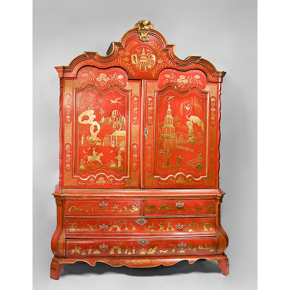 Red Chinoiserie Decorated 19th C. Dutch Linen Press Red Chinoiserie Decorated 19th C. Dutch Linen Press