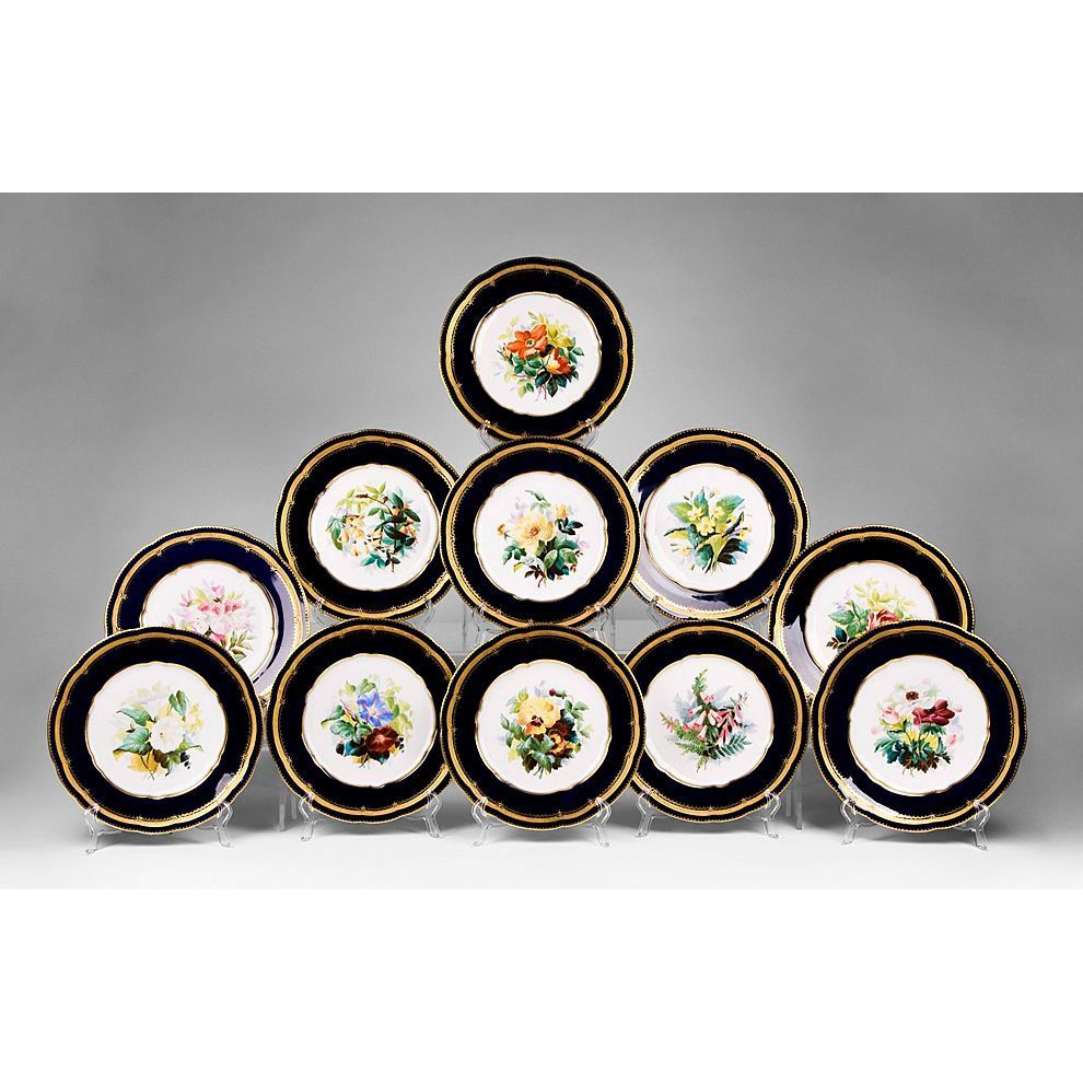 Set of 11 Hand Painted Floral W. T. Copeland Dessert Plates Set of 11 Hand Painted Floral W. T. Copeland Dessert Plates