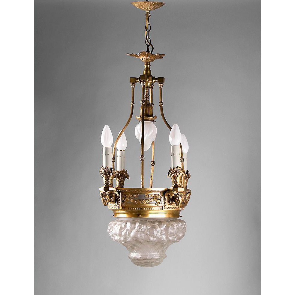 Bronze Lantern Chandelier With Relief Molded Opalescent Glass Globe Bronze Lantern Chandelier With Relief Molded Opalescent Glass Globe