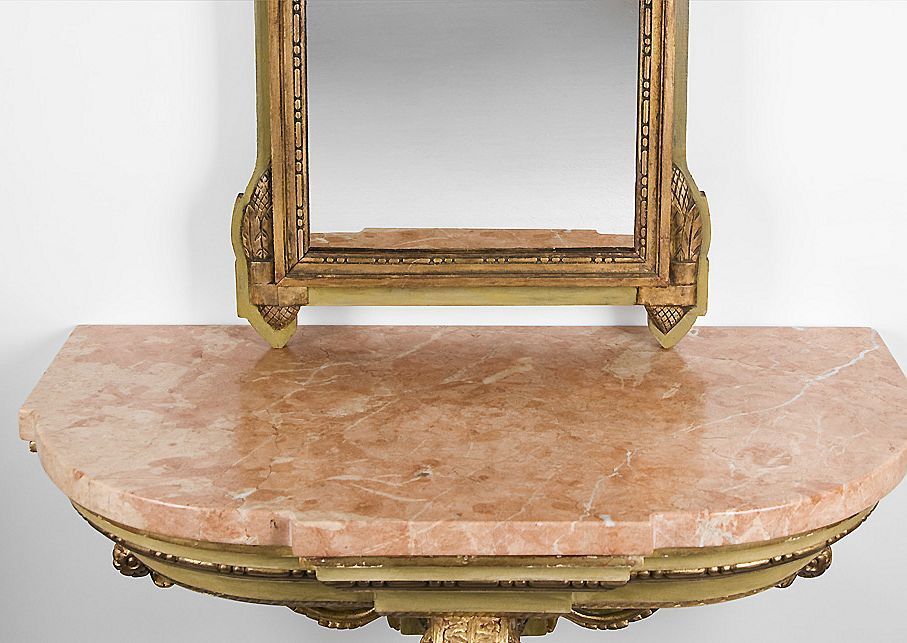 Florentine Painted Marble Top Consoles With Companion Mirrors Florentine Painted Marble Top Consoles With Companion Mirrors