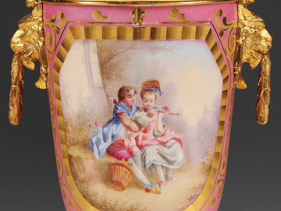 Pr. of 19th C. Paris Porcelain Hand Decorated Urns Pr. of 19th C. Paris Porcelain Hand Decorated Urns