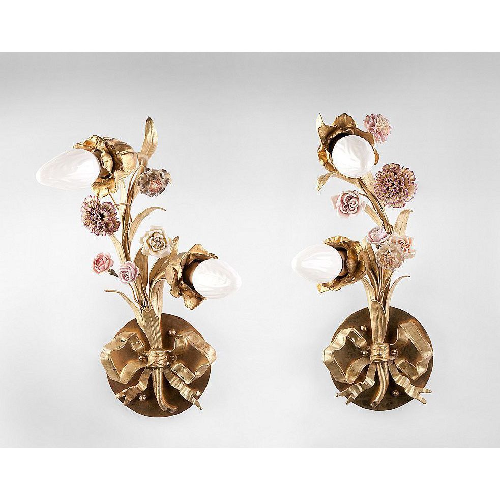 French 19th C. Bronze Floral Form Sconces With Porcelain Flowers French 19th C. Bronze Floral Form Sconces With Porcelain Flowers