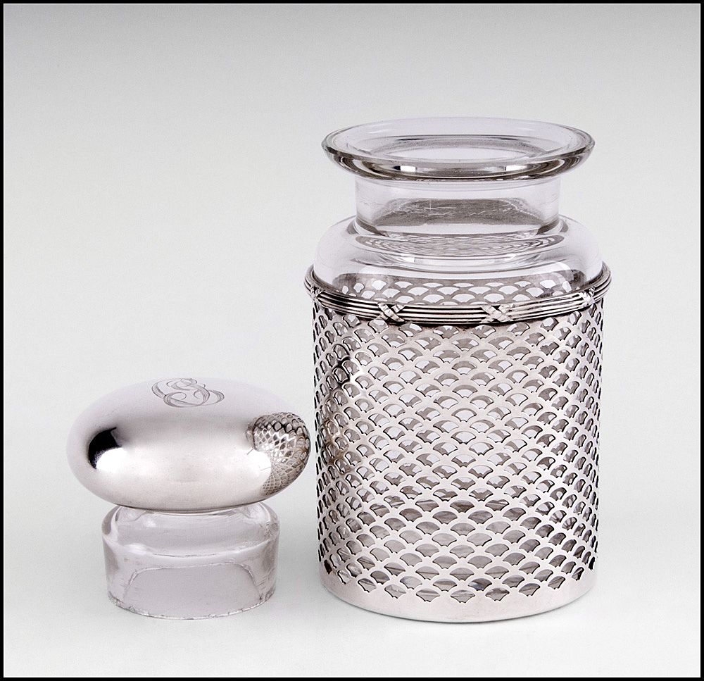Man's Stoppered Cologne Bottle Inset In Sterling Gillwork Frame, Meriden Britannia Co. Man's Stoppered Cologne Bottle Inset In Sterling Gillwork Frame, Meriden Britannia Co.