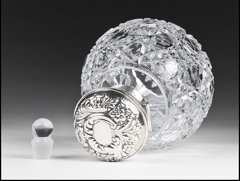 Cut Glass English Perfume Bottle With Sterling Silver Top Cut Glass English Perfume Bottle With Sterling Silver Top