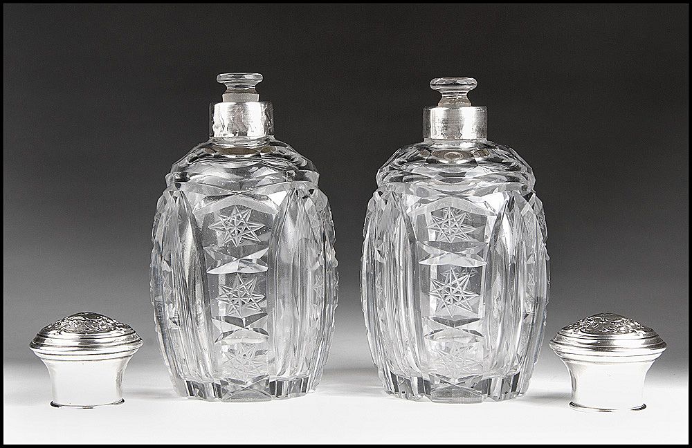 Matched Pair of Cut Glass Perfume Bottles With Sterling Covers Matched Pair of Cut Glass Perfume Bottles With Sterling Covers