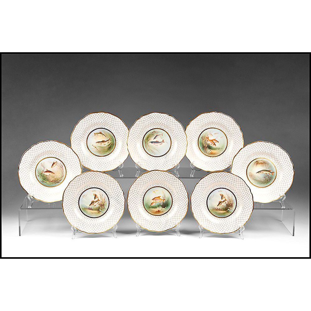 Set of 8 late 19th C. Spode Hand Painted Bone China Game Fish Plates Set of 8 late 19th C. Spode Hand Painted Bone China Game Fish Plates