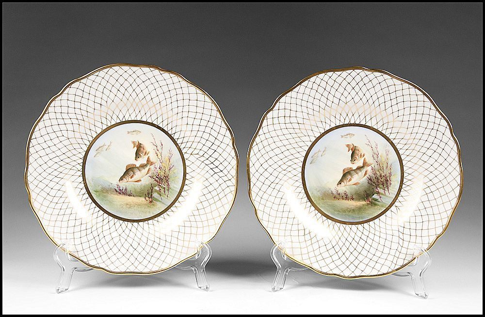 Set of 8 late 19th C. Spode Hand Painted Bone China Game Fish Plates Set of 8 late 19th C. Spode Hand Painted Bone China Game Fish Plates