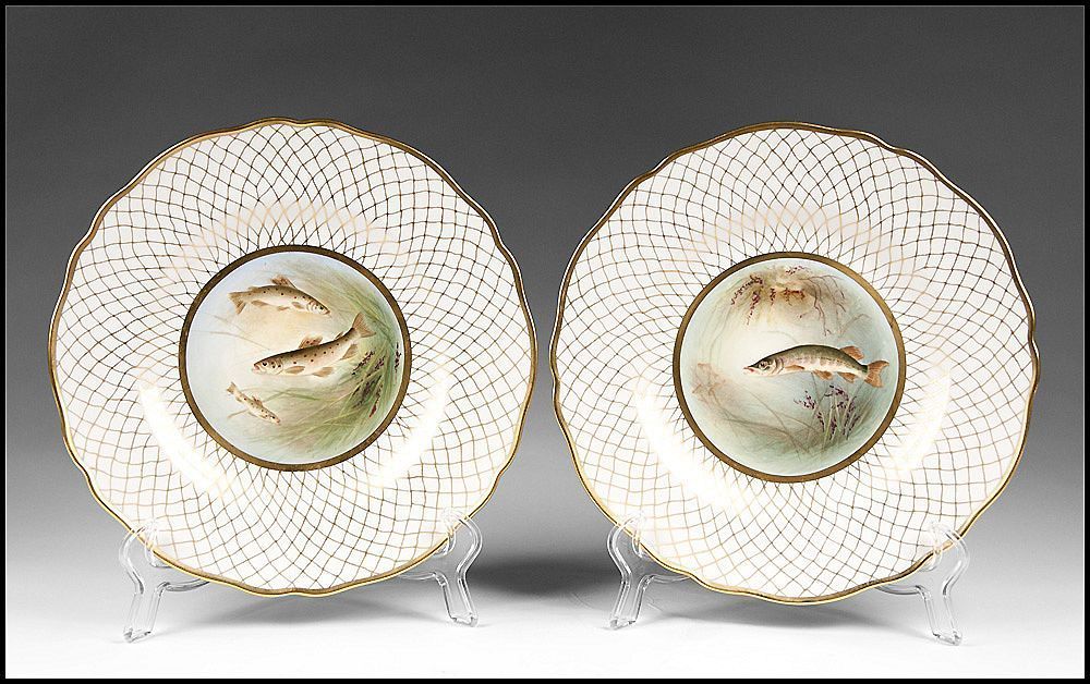 Set of 8 late 19th C. Spode Hand Painted Bone China Game Fish Plates Set of 8 late 19th C. Spode Hand Painted Bone China Game Fish Plates