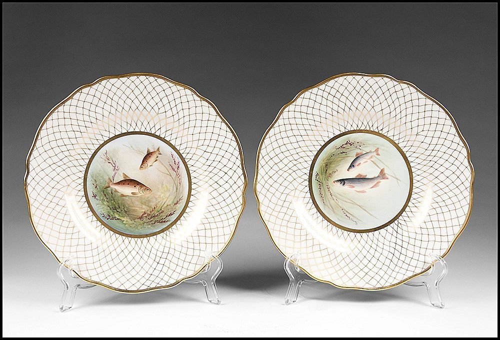 Set of 8 late 19th C. Spode Hand Painted Bone China Game Fish Plates Set of 8 late 19th C. Spode Hand Painted Bone China Game Fish Plates