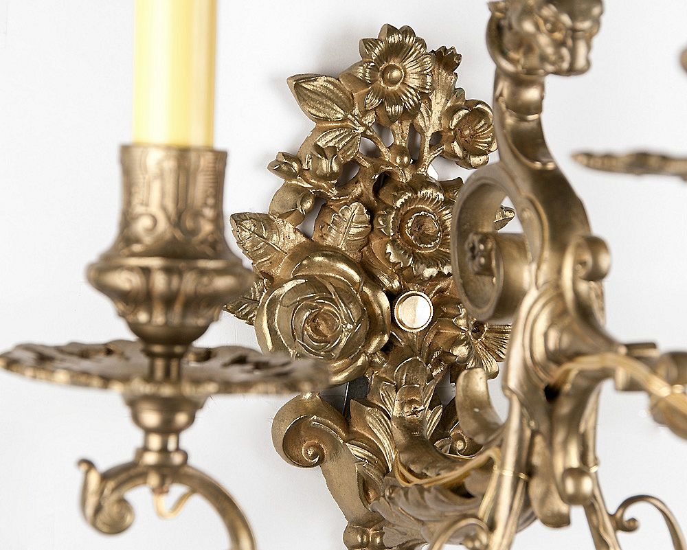 19th C. Bronze Cast French Baroque Style Three Arm Sconces 19th C. Bronze Cast French Baroque Style Three Arm Sconces