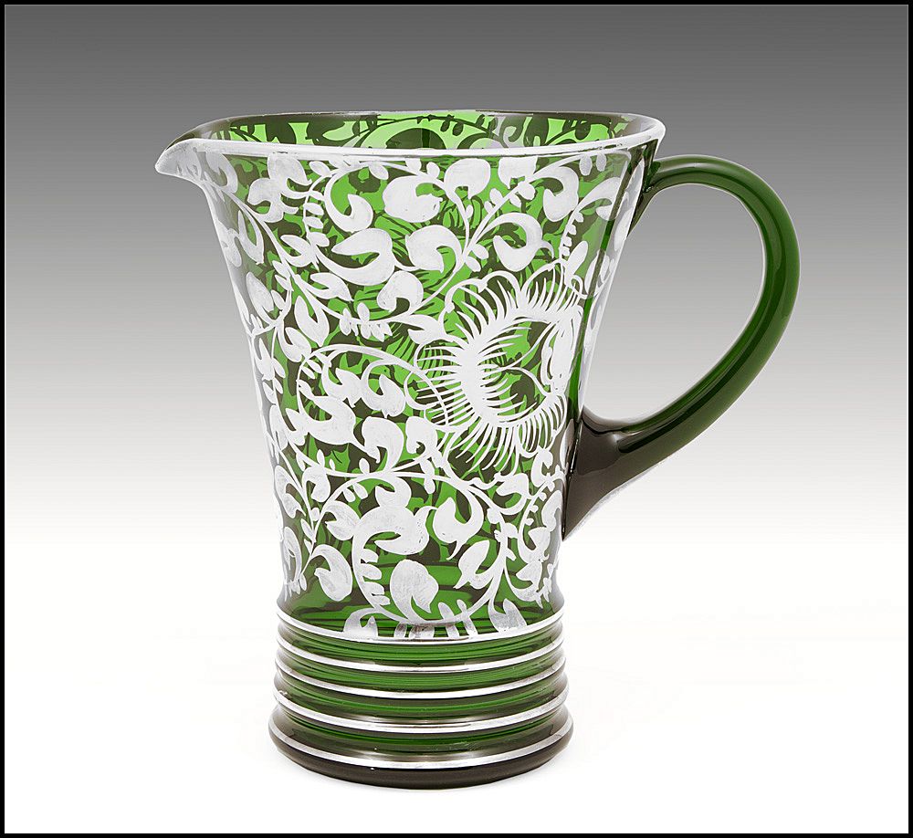 1930 Silver Deposit Green Blown Glass Pitcher 1930 Silver Deposit Green Blown Glass Pitcher