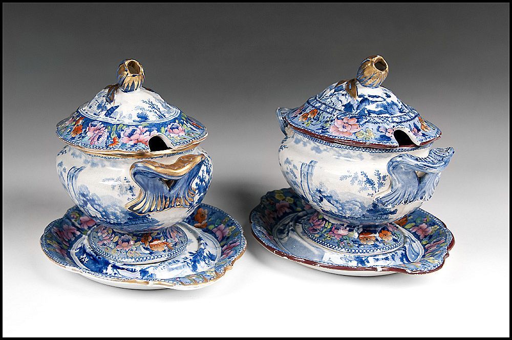 Near Pair of William Mason Beaded Frame Mark Series Sauce Tureen With Stands and Cover Near Pair of William Mason Beaded Frame Mark Series Sauce Tureen With Stands and Cover