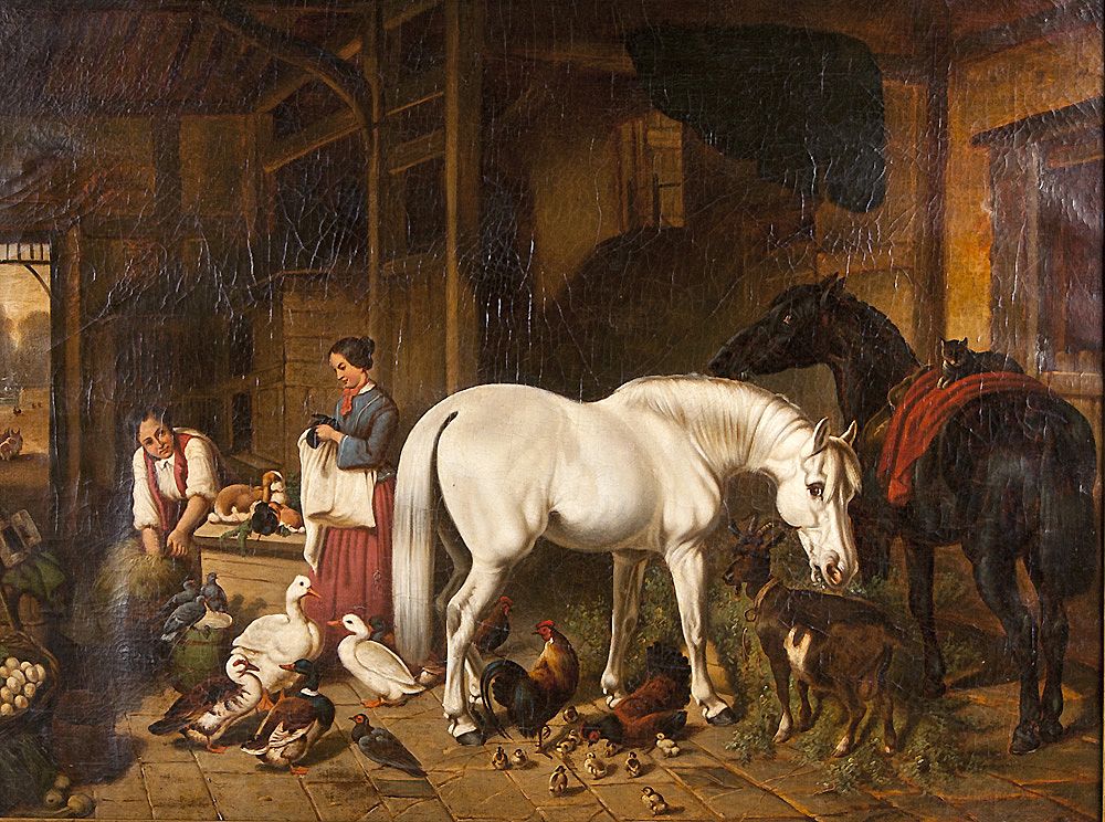 Mid 19th C. Oil On Canvas Interior Barn Scene After John F. Herring, Jr. Mid 19th C. Oil On Canvas Interior Barn Scene After John F. Herring, Jr.