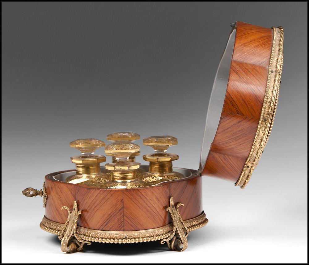 19th Century Louis XV Parquetry Perfume Casket, Four Bottles 19th Century Louis XV Parquetry Perfume Casket, Four Bottles