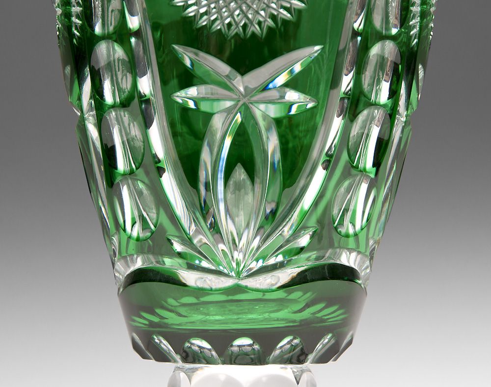 Green Cut to Clear Bohemian Glass Vase, Engraved Horse Cameo Green Cut to Clear Bohemian Glass Vase, Engraved Horse Cameo
