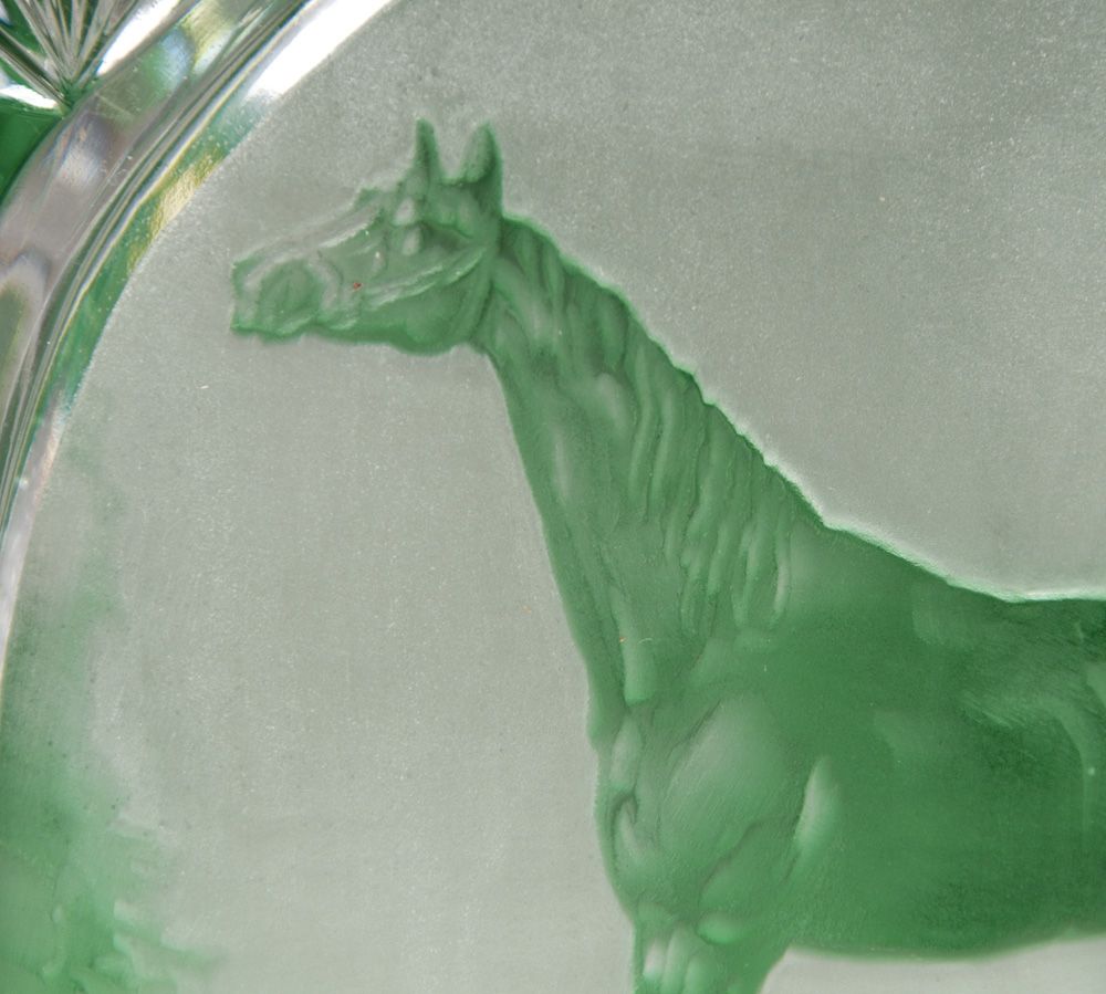 Green Cut to Clear Bohemian Glass Vase, Engraved Horse Cameo Green Cut to Clear Bohemian Glass Vase, Engraved Horse Cameo