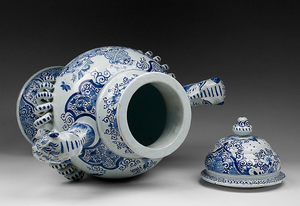 19th C. Blue Faience Villeroy & Boch Snake Handled Vase With Cover 19th C. Blue Faience Villeroy & Boch Snake Handled Vase With Cover