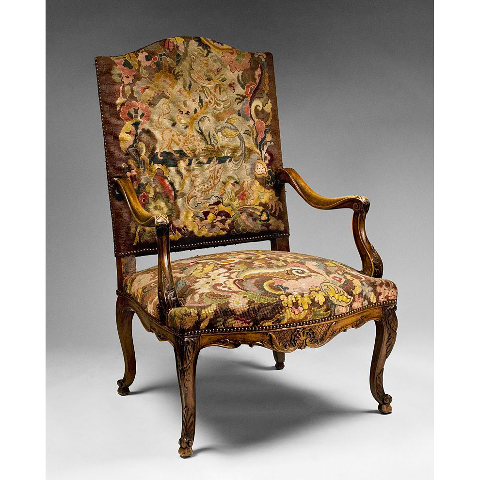French 19th C. Louis XV French Provincial Armchair With Needlepoint Tapestry French 19th C. Louis XV French Provincial Armchair With Needlepoint Tapestry