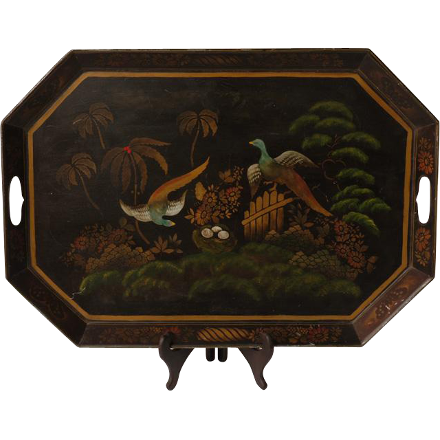 Vintage Toleware Tray Painted with Pheasants Vintage Toleware Tray Painted with Pheasants